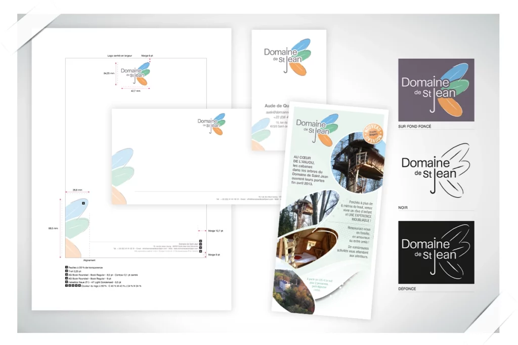 Charte graphique avec pack commercial (entête de lettre, carte de correspondance et carte de visite) et fly pour domaine de cabanes dans les arbres
